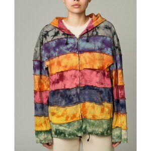 Handmade Tie-Dye Multicolor Patchwork Hooded Zip-Up Jacket With Long Sleeves & K
